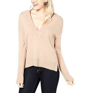 Bar III Long Sleeve V-Neck Ribbed Sweater Tan